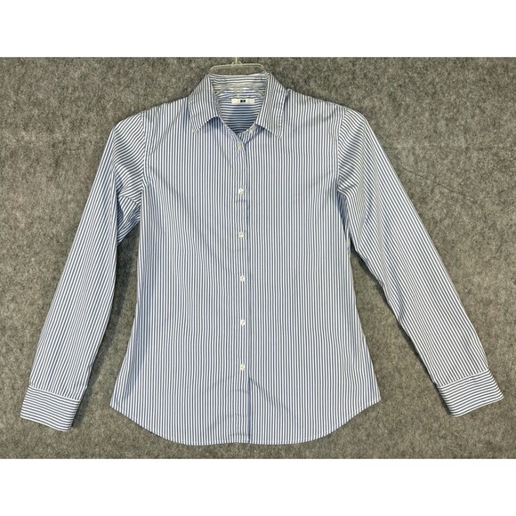 Uniqlo Blue Button Up Shirt Top Long Sleeve Collared Cotton Striped Women’s M - Picture 1 of 8